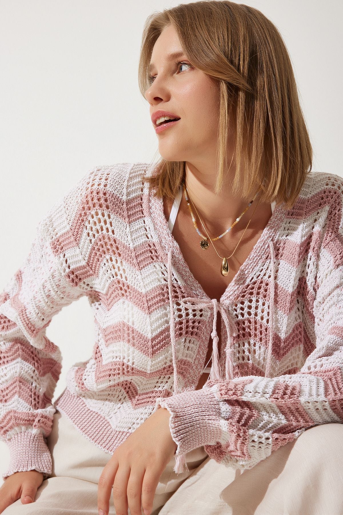 Women's Cream Pink Striped Offer Mevsimlik Triko Cardigan MW00148