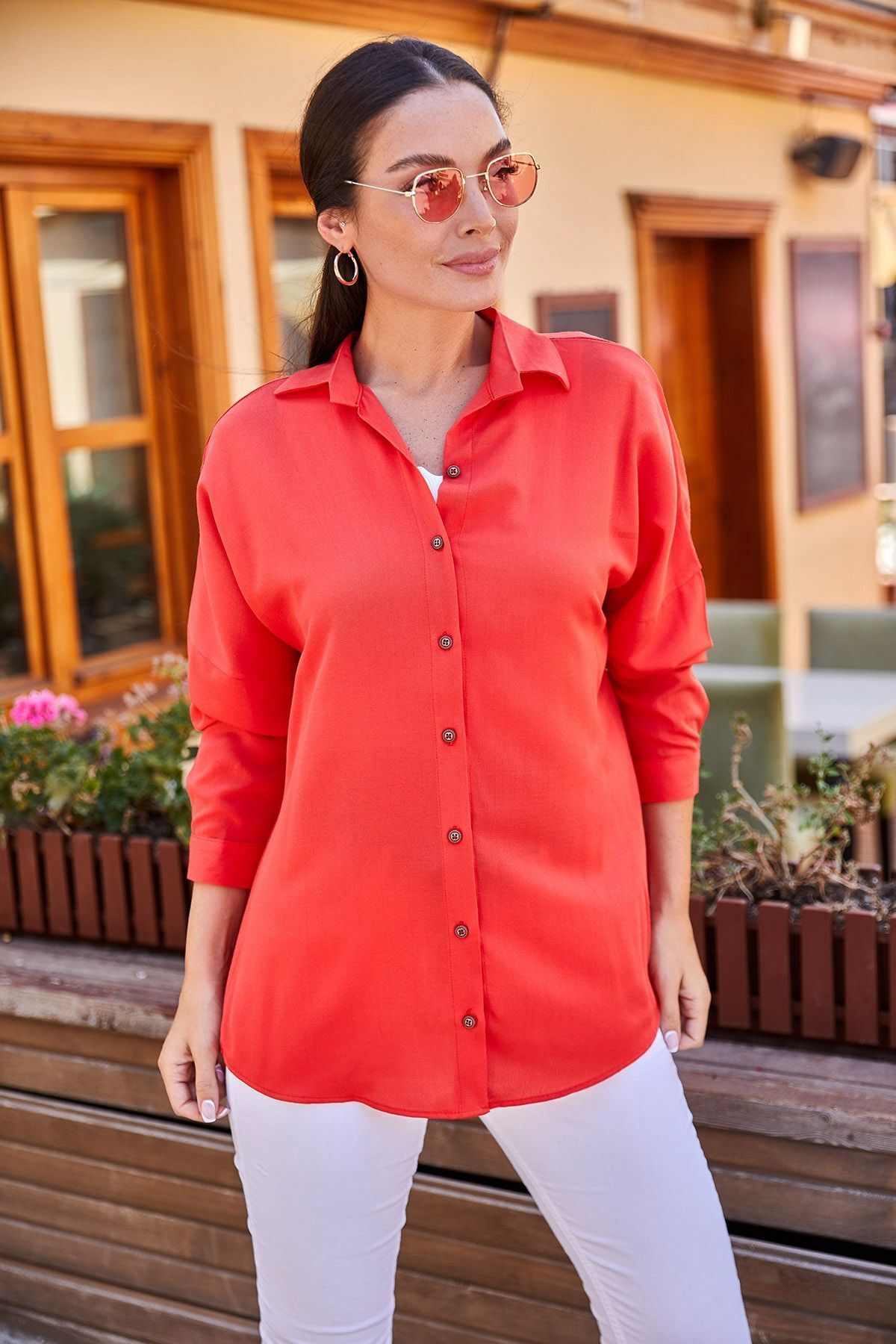 Woman Red Oversize Long Basic Shirt