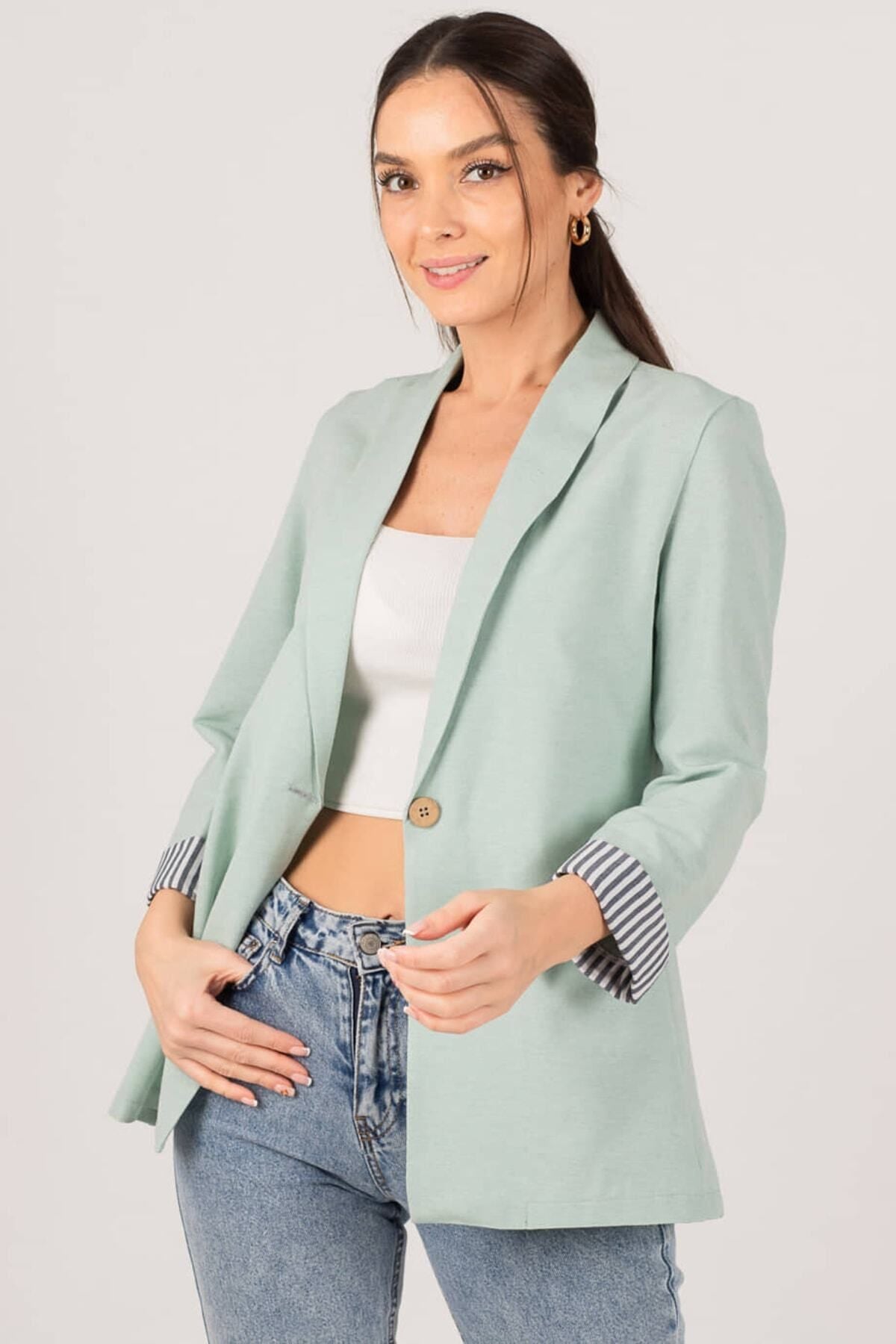 Female Mint Sleeve Striped Single button Jacket ARM-22K001122