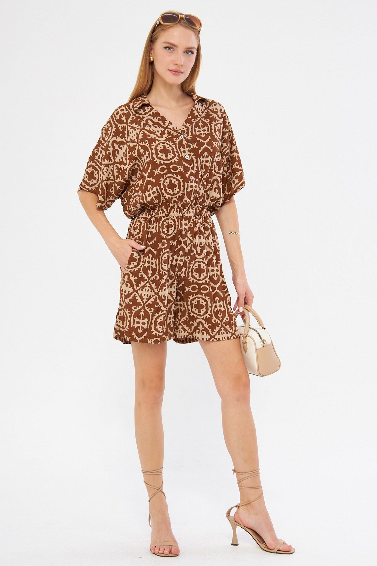 Woman Taba Shirt Cep Patterned Short Jumpsuit Arm-24Y001023