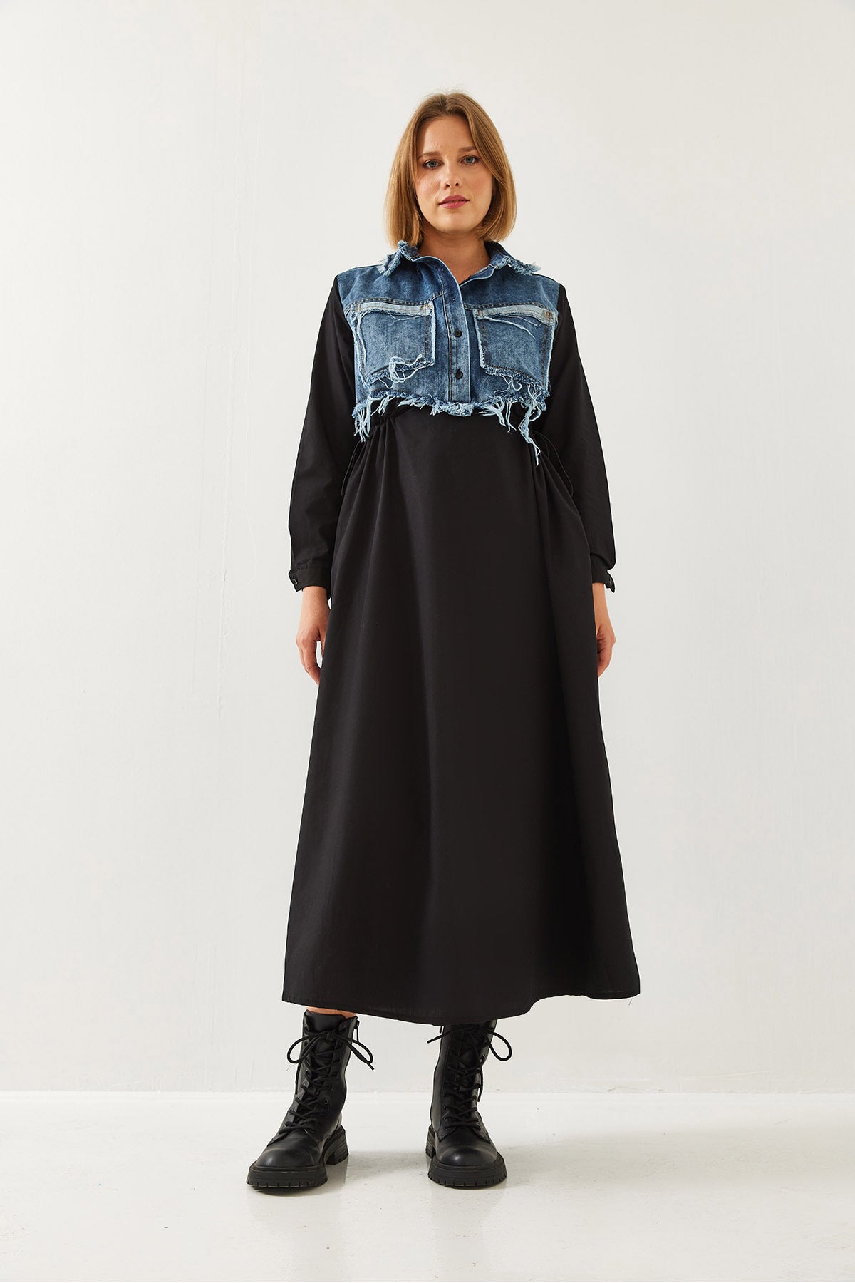 Women's Denim Garnished Long Flared Dress 60351248