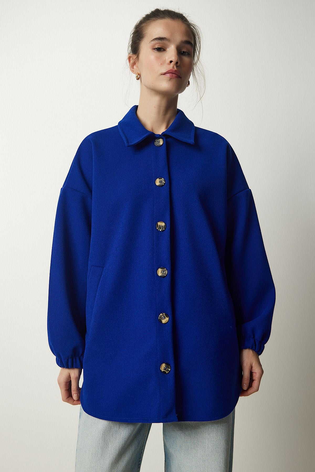 Woman Cobalt Blue Button Pocket Oversize Shirt Jacket DD01263