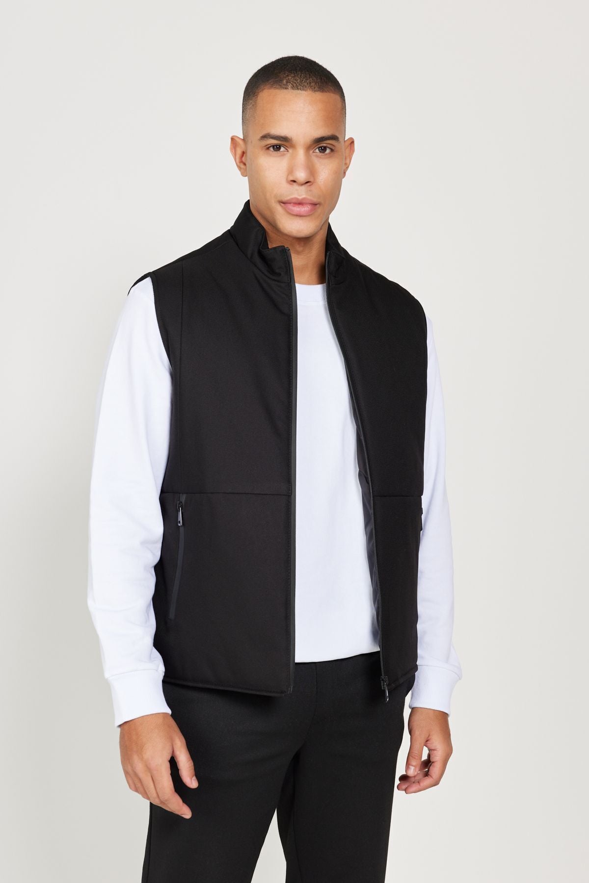 Men's black standard fit Normal cut upright collar vest