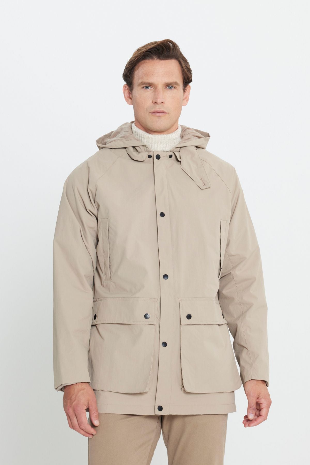 Men's beige hooded upright collar standard Fit Hot Hot Windproof Coat