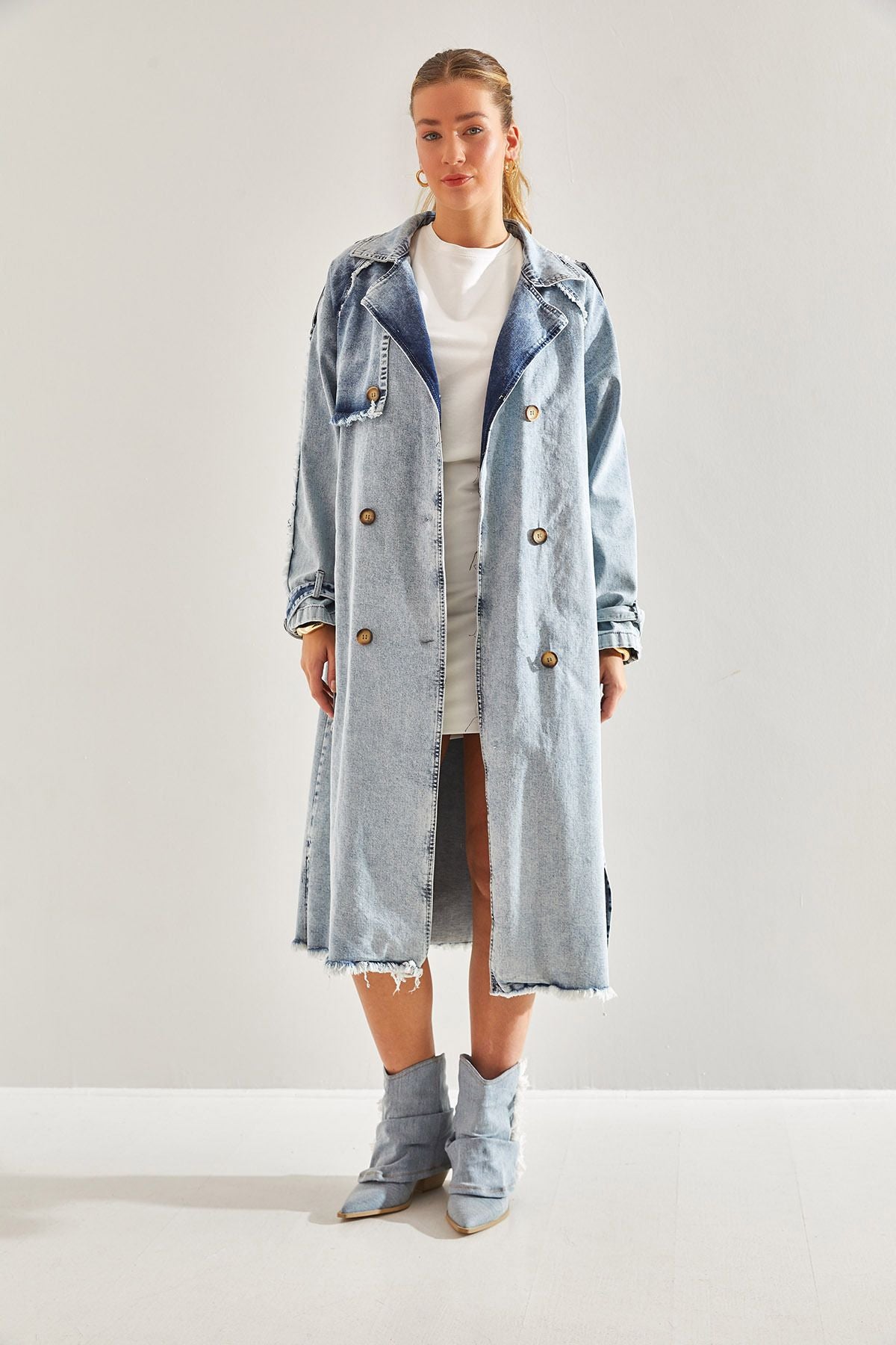 WOMEN'S APOLICED BEDED Jeans Trench Coat 60181038