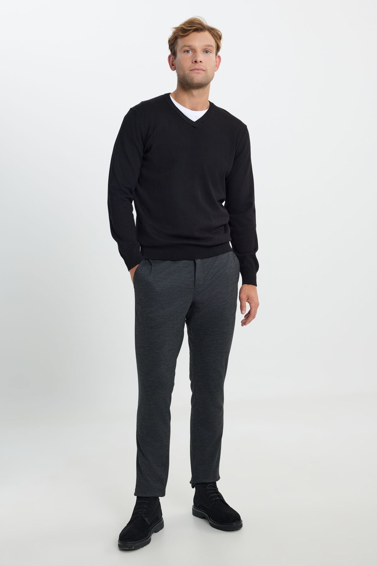 Men's Black Cotton Standard Fit Normal Cut V -Neck Basic Knitwear Sweater