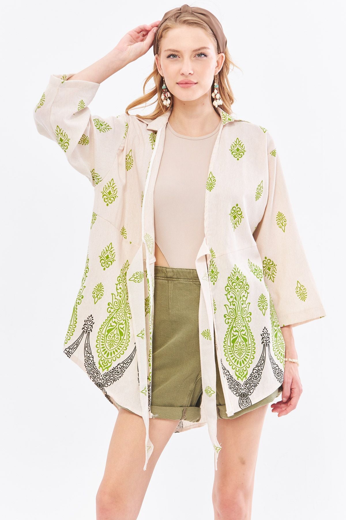 Female peanut green patterned linen-looking skirt with aqueous front kimono shirt ARM-24Y001092