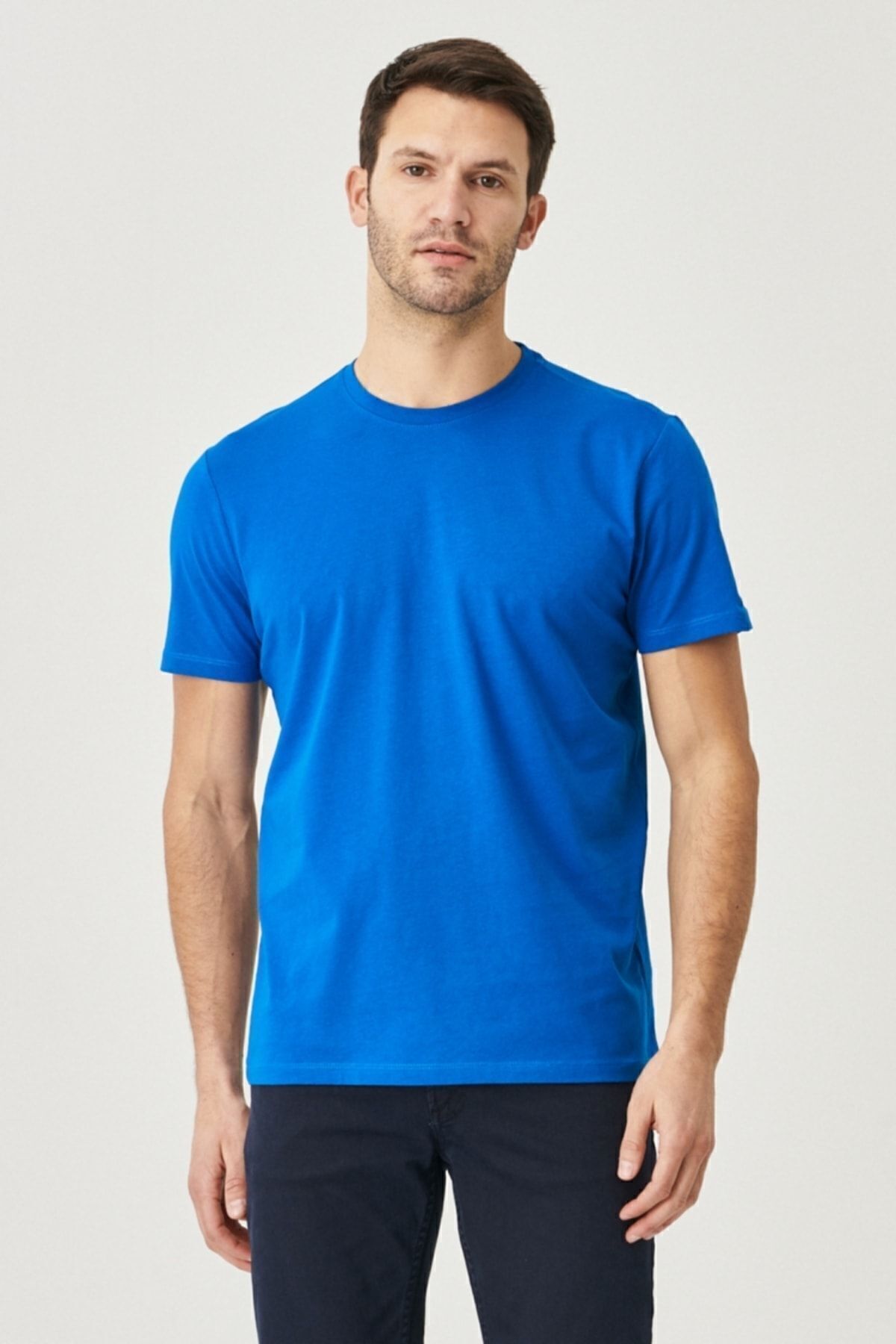 Men's Saks-Kırmız-Yellow-Intigo Melanj Slim Fit Dight Cut 4-Piece Basic T-Shirt Package