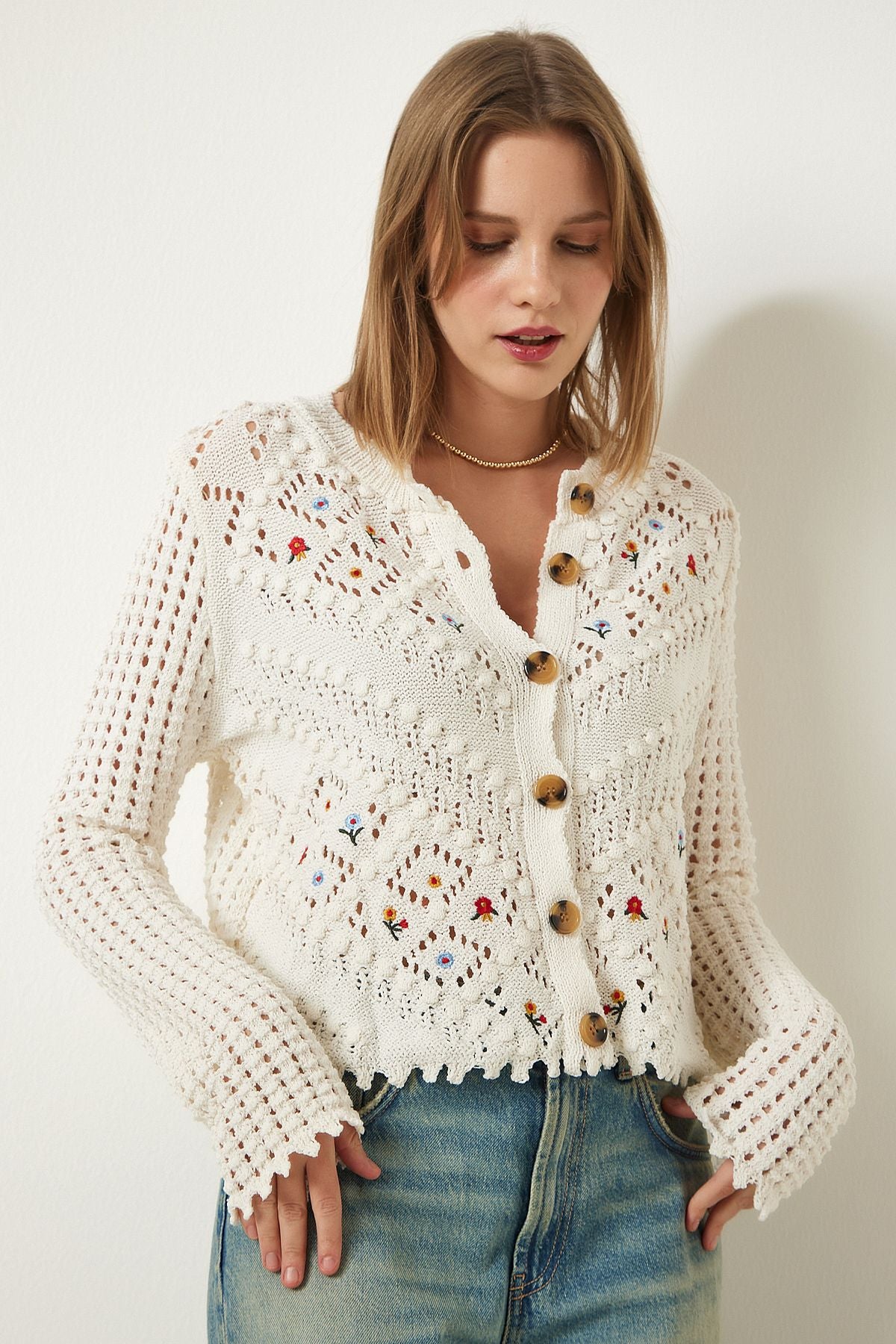 Cream Flower Embroidered Textured Seasonal Triko Cardigan ES00147