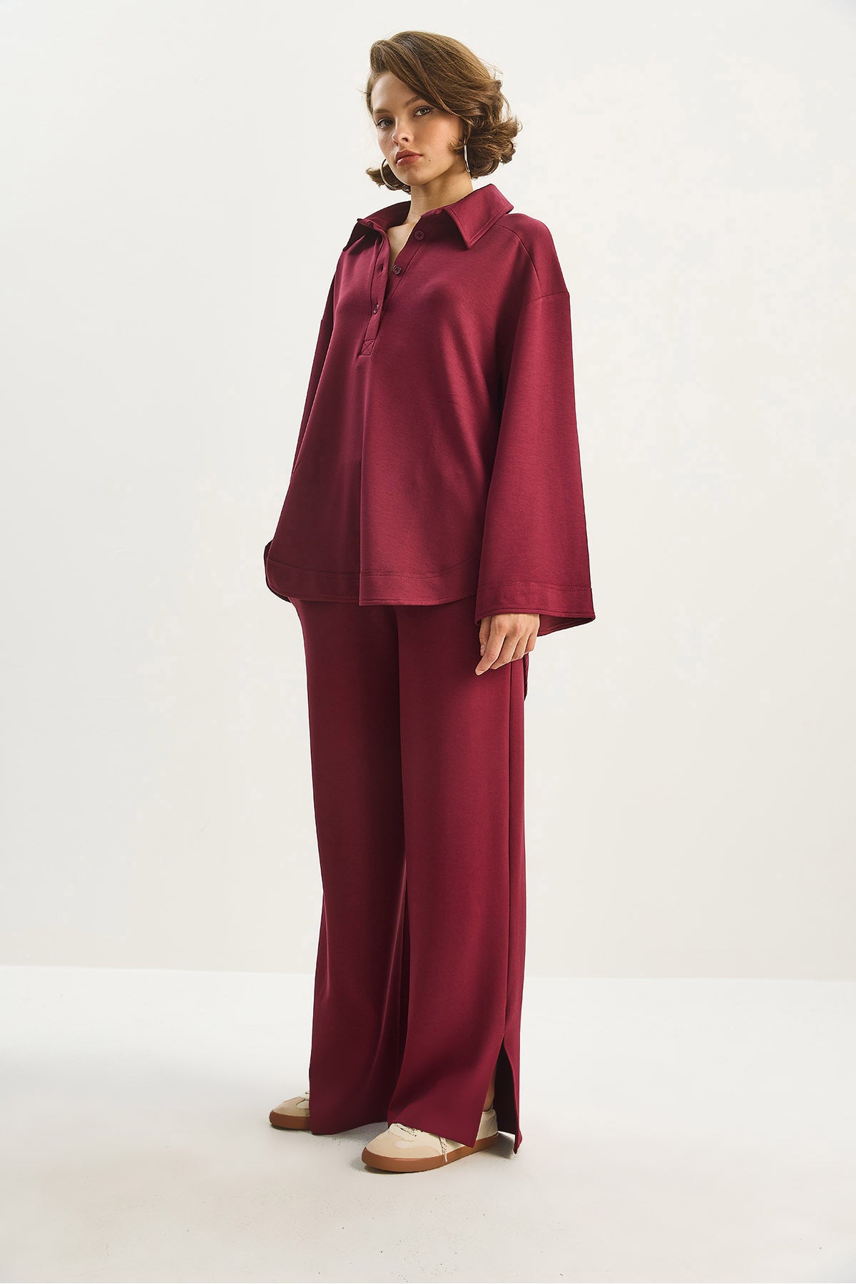 Women's Button Detailed Polo Neck Comfortable Cut Modal Bottom-Top Suit 4036 60283607