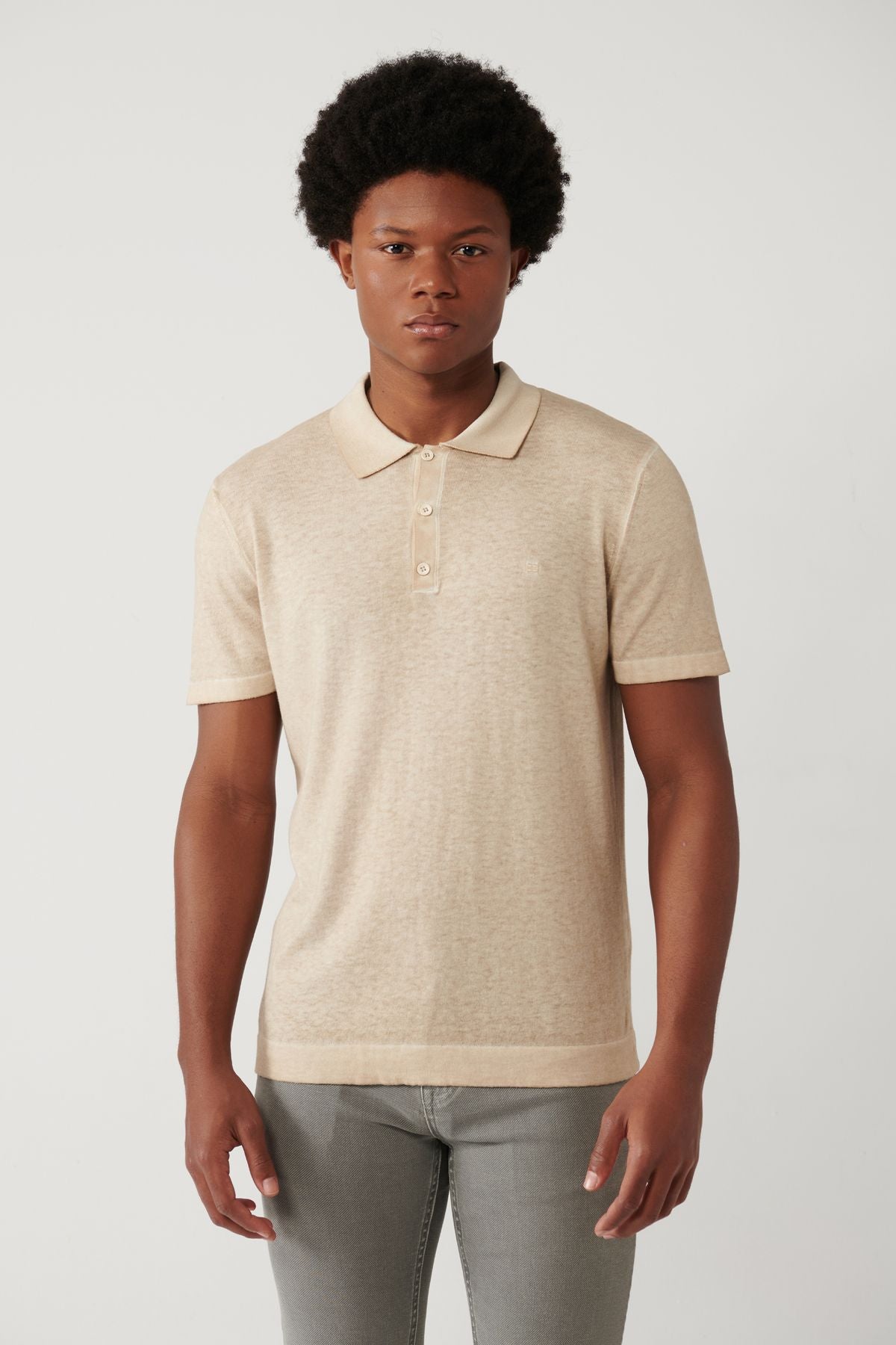 Erkek Bej 3 Düğmeli Garmment Dyed Polo Yaka T-shirt A41Y5067