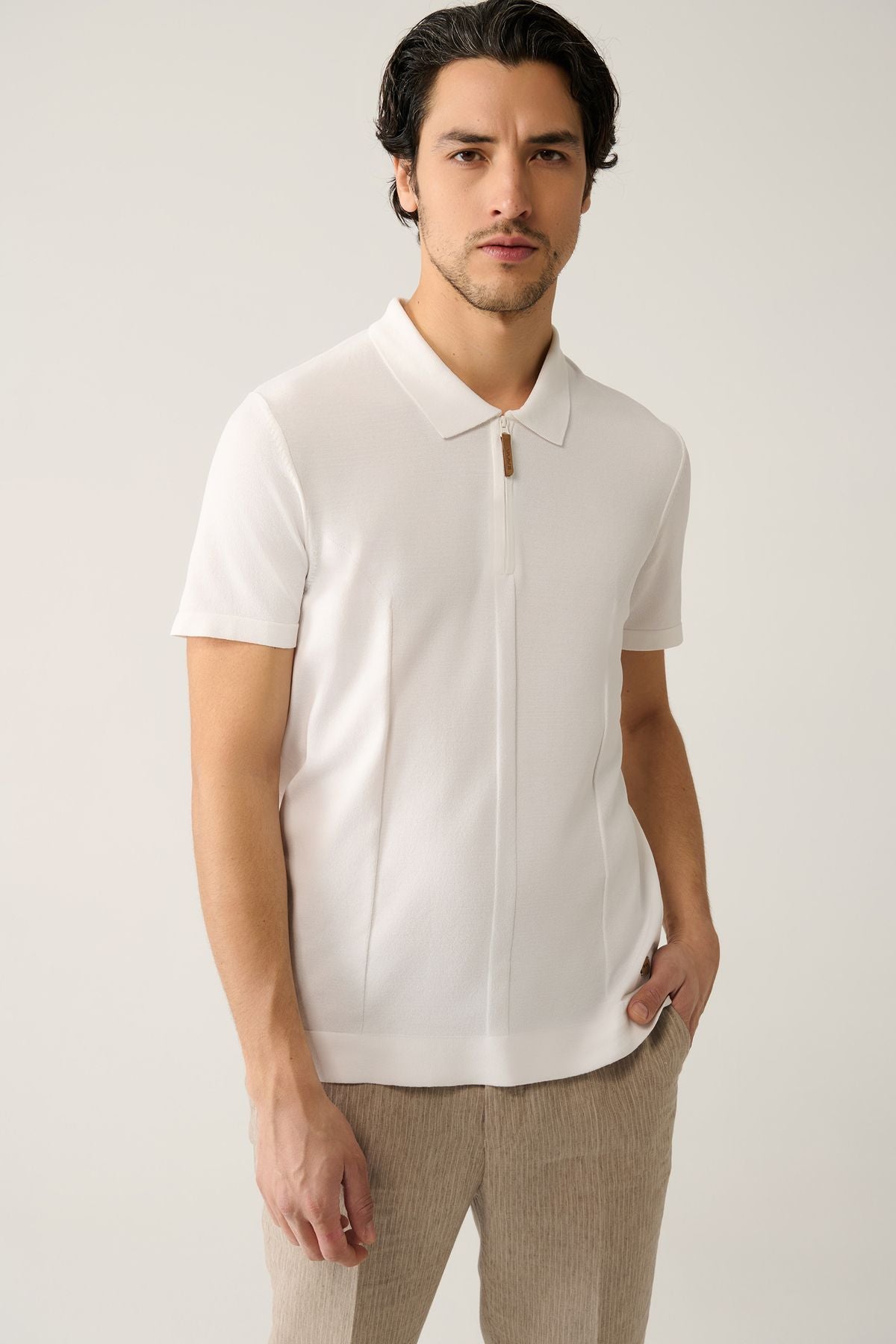 Men's White Zipper Rayon Polo Yaka Triko T-Shirt A41y5106