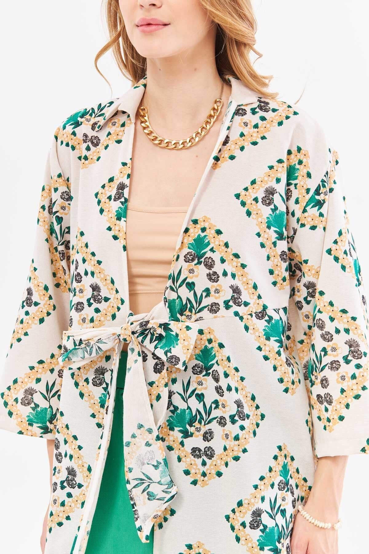 Female Dark Green Linen-Looking Patterned Patterned Midi Boy Kimono Shirt ARM-24Y001096