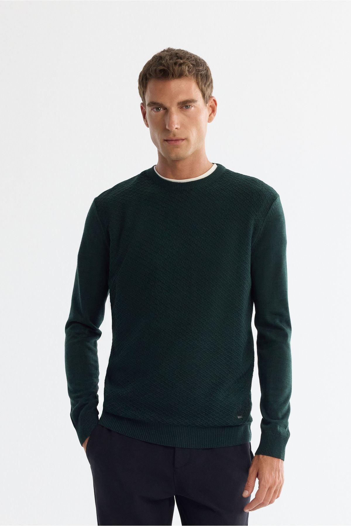 Men's Green Bicycle Neck textured knitwear sweater E005109