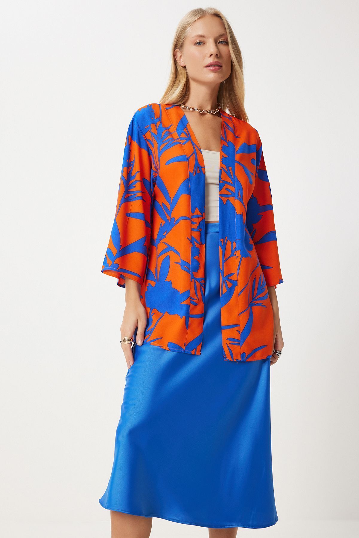 Female Blue Orange Patterned Viscose Kimono EN00615