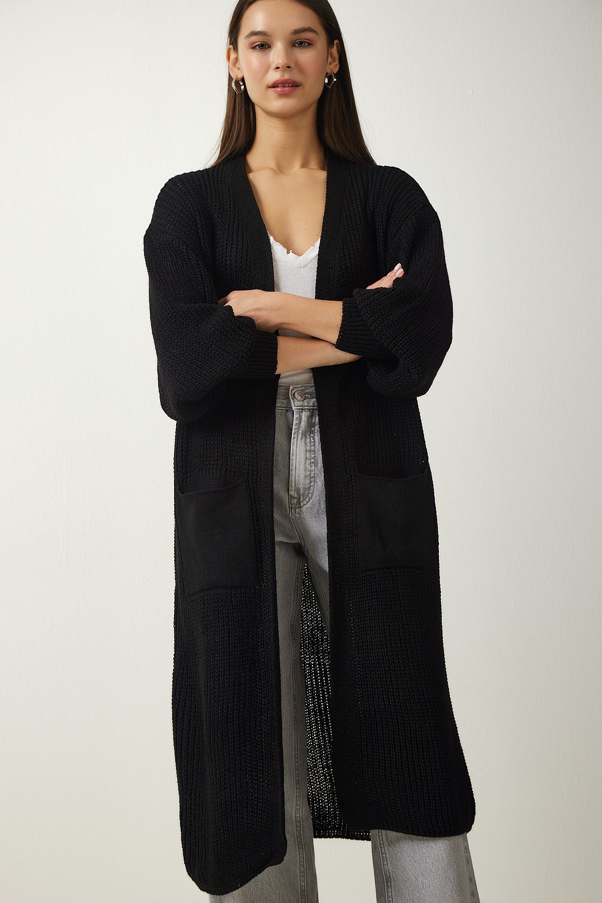 Women's black balloon sleeve long knitwear cardigan AS00026
