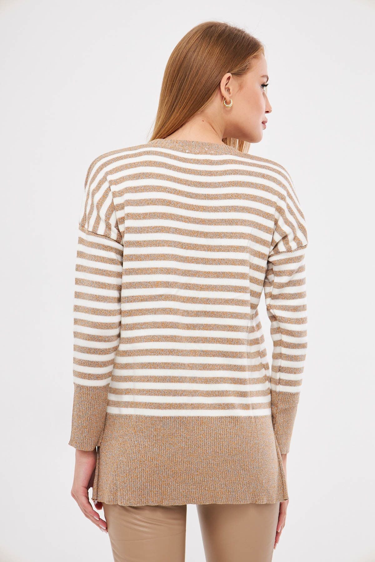 Female mink round collar striped knitwear sweater ARM-24K012013