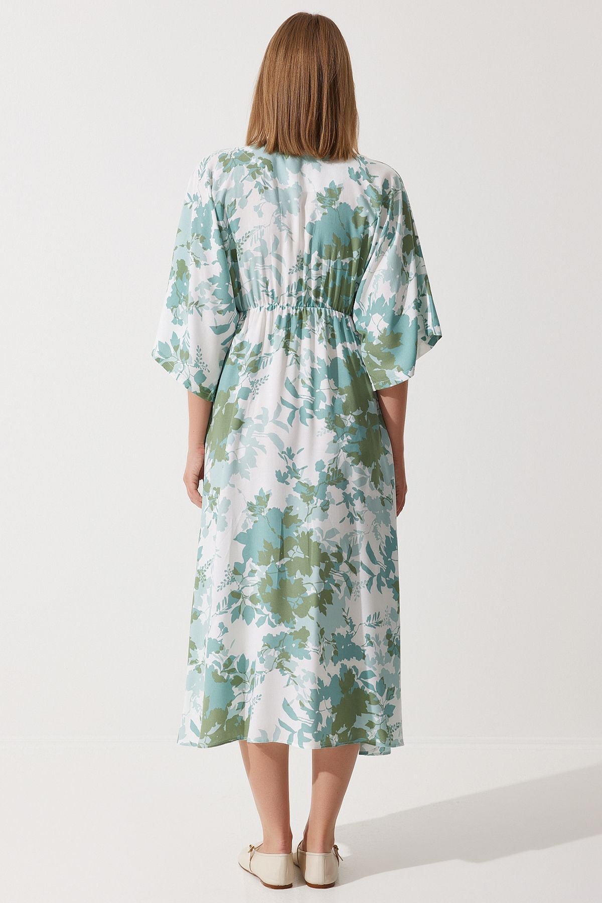 Women's Cagla Green Anvelop Yaka Patterned Summer Viscose Dress DK00166