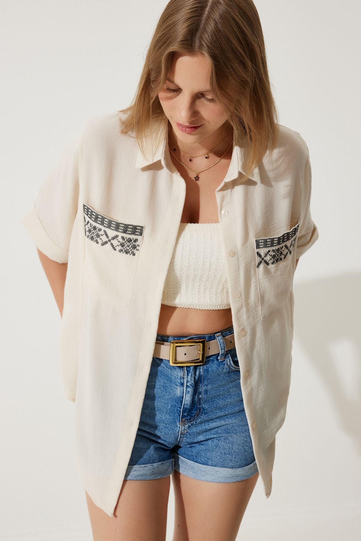 Women's Cream Embroidery Pocket Oversizle Linen Ayrrin Shirt RG00031