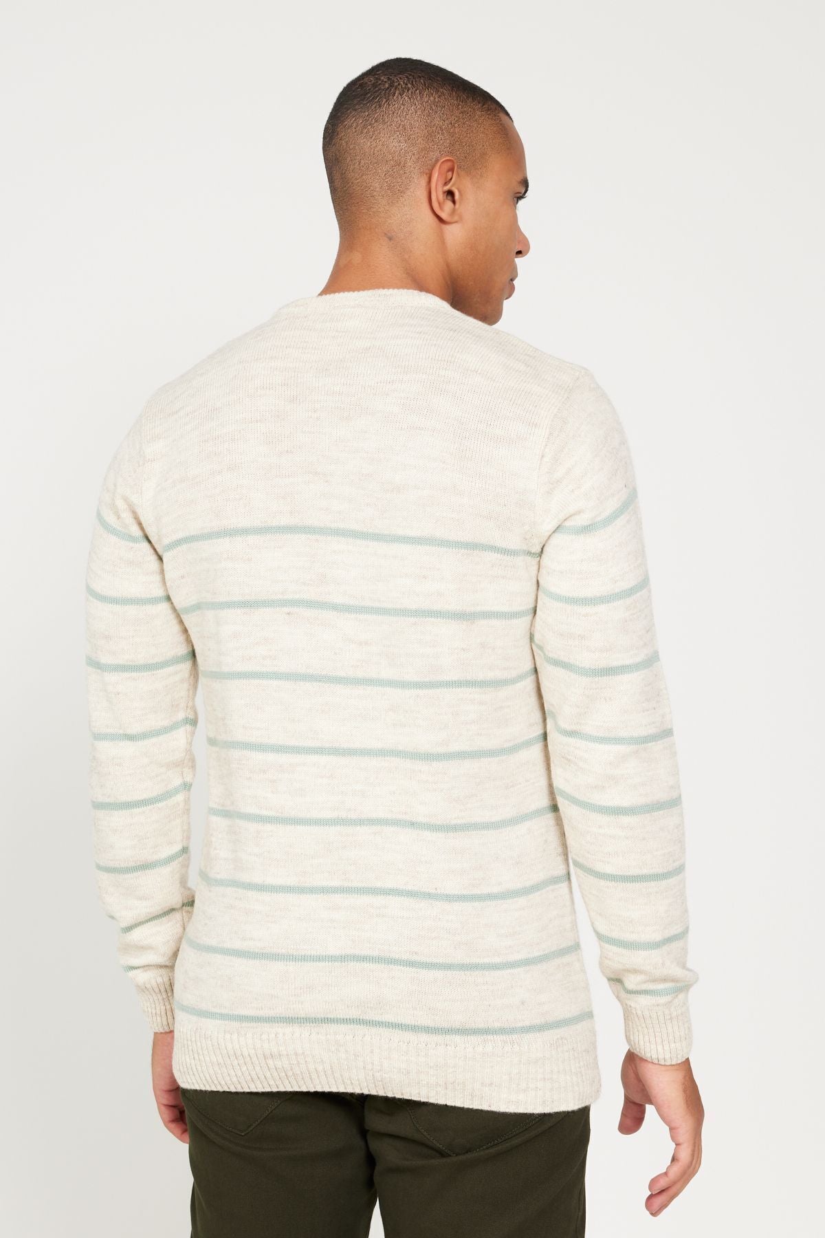 Men's Beige-Mint Standard Fit Normal Cut Cycling Cycling Yaka striped knitwear sweater