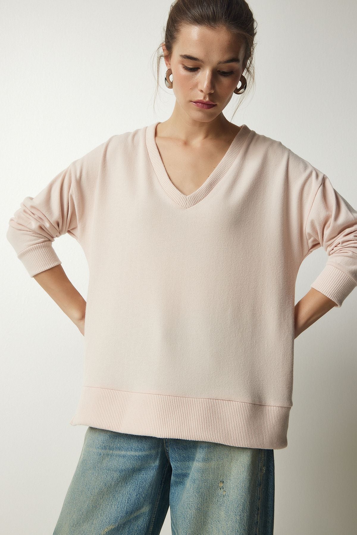 Women's Cream V neck Yumoş Knitting Sweater UB00197