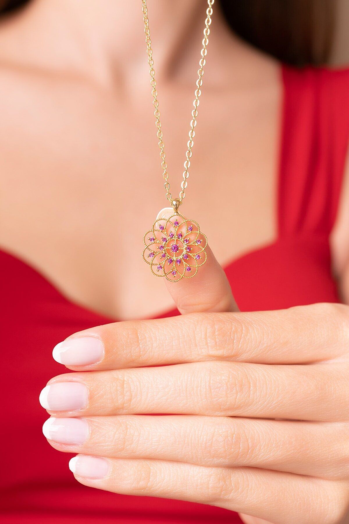 Life Flower Ruby Stone 14 K Rose Gold Coating Women Necklace