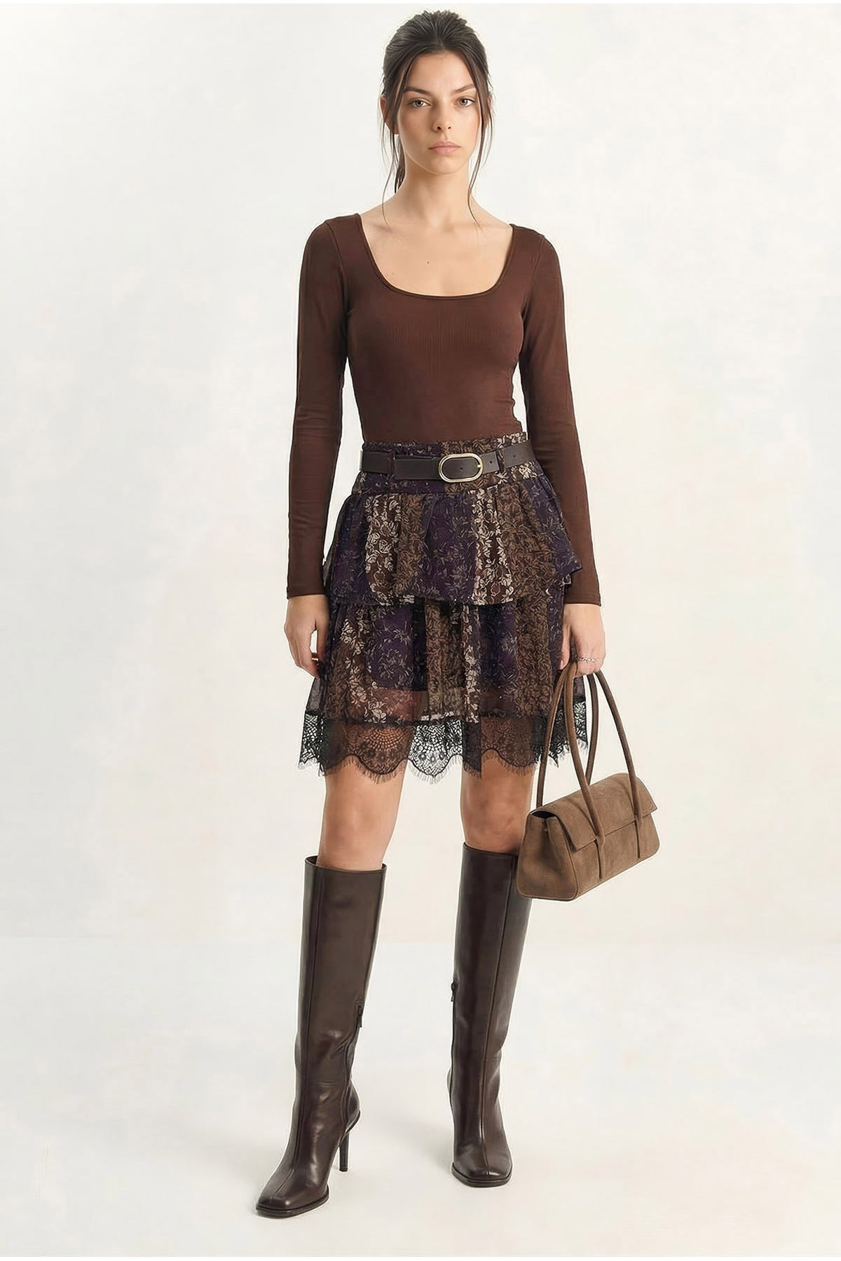 Women's Belted Lined Lace Detailed Mini Skirt 4172 60283981