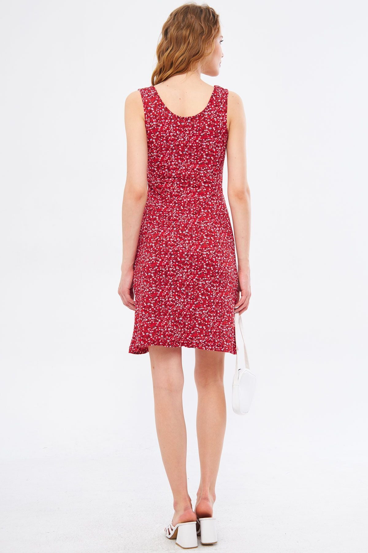 Woman Red Ikosidio Dress Sitting on the Body Sleeveless Front Ruffled Mini Size ARM-24Y001045