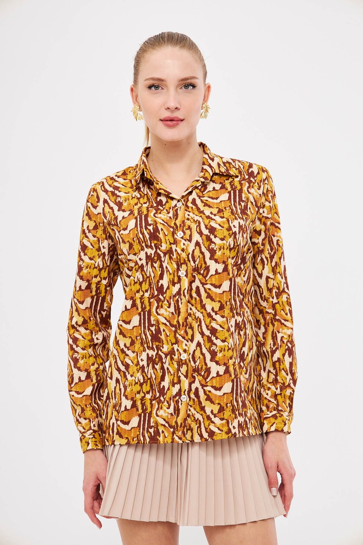 Women's Beige-Cahve Patterned Long Sleeve Shirt ARM-25K001040