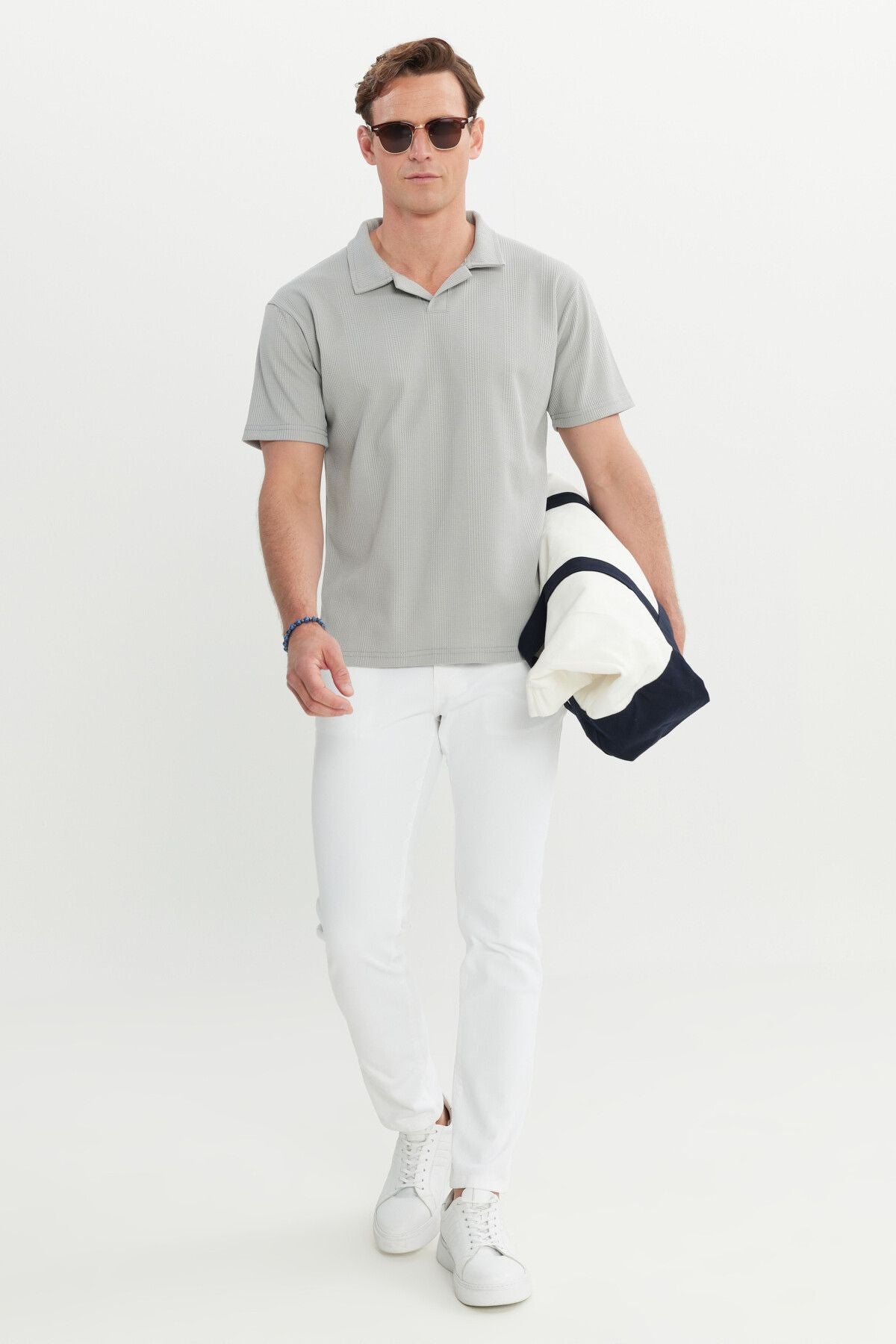 Men's light gray relax fit comfortable cut Polo Yaka T -shirt