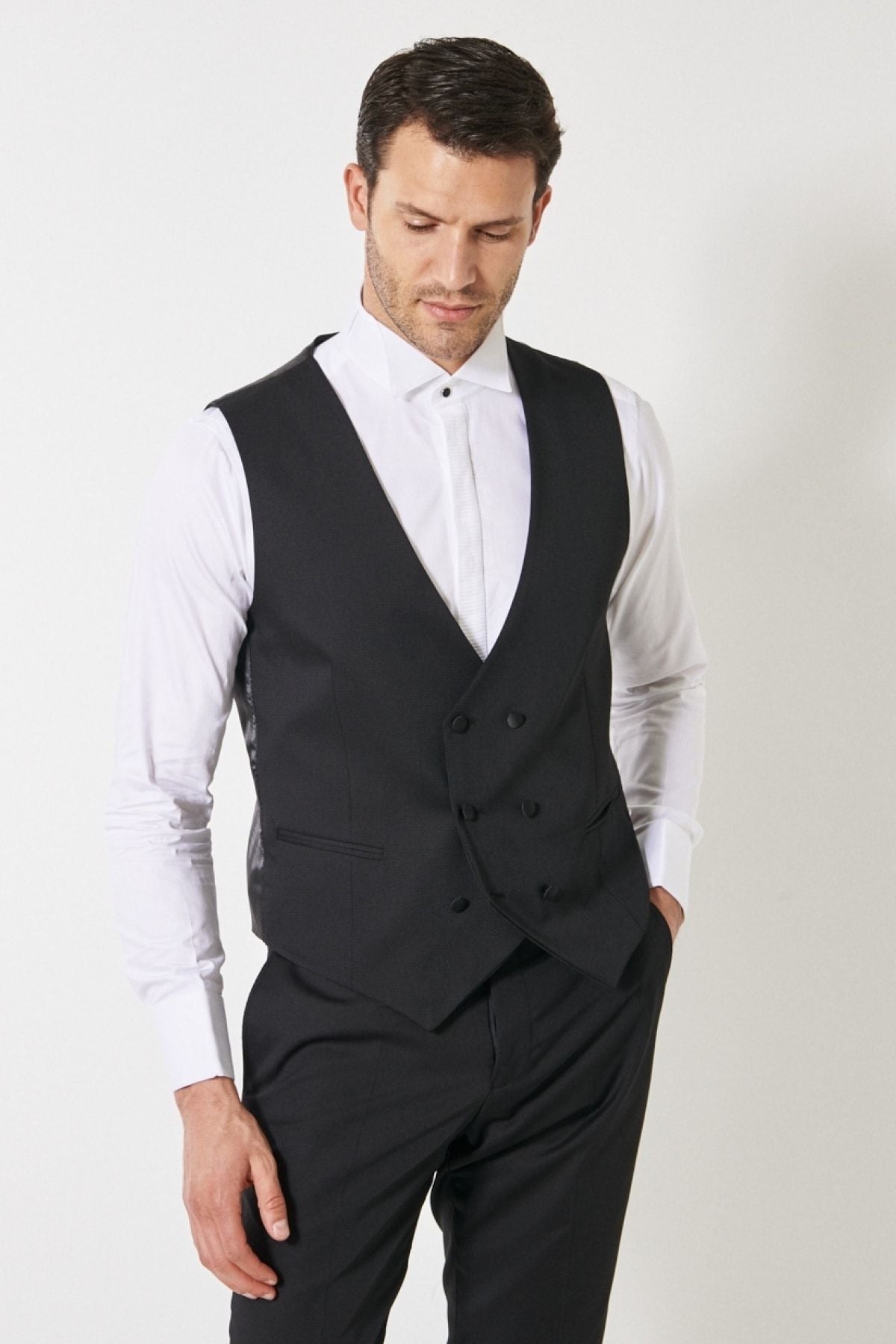 Men's Black Slim Fit Narrow Cut V -Neck Patternic Classic Vest