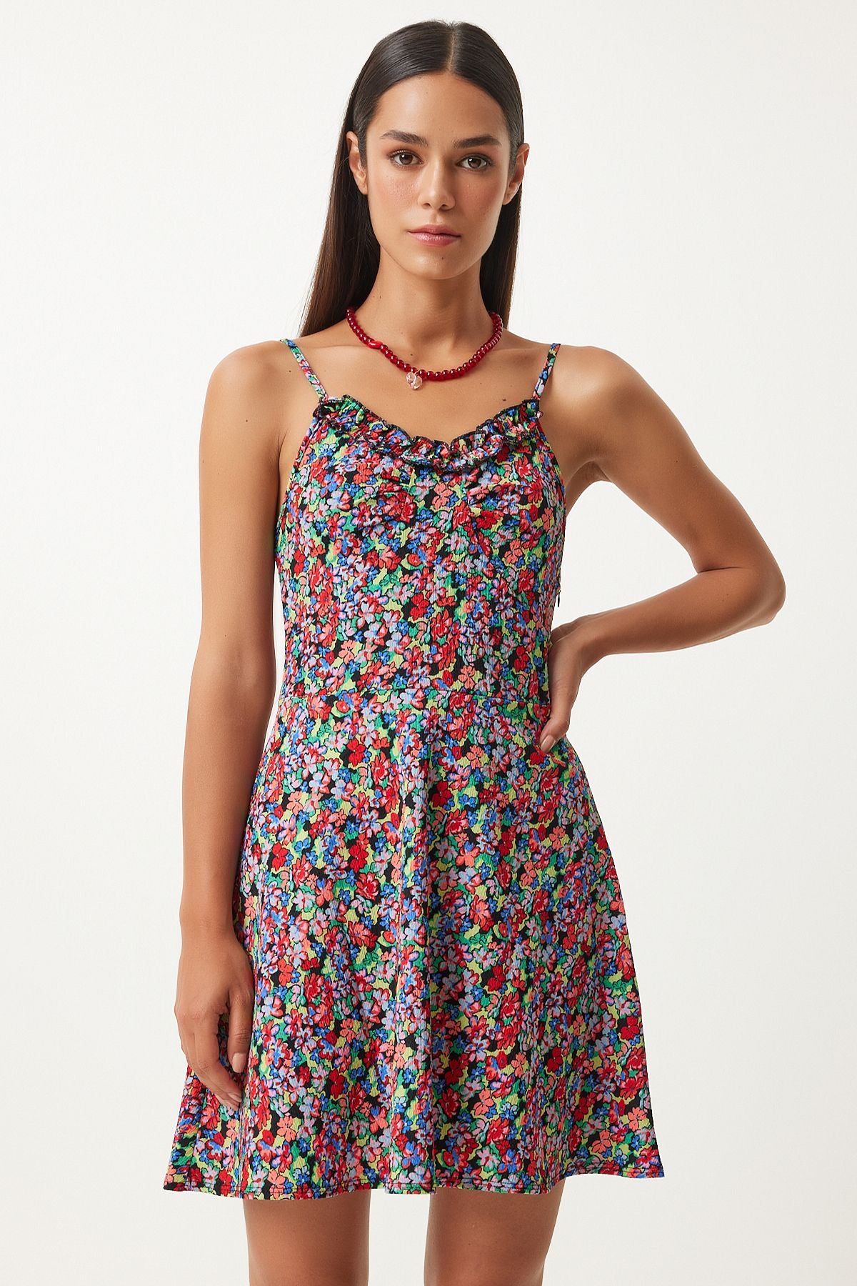 Woman Red Black Patterned Hanger Capulled Dress FN03193