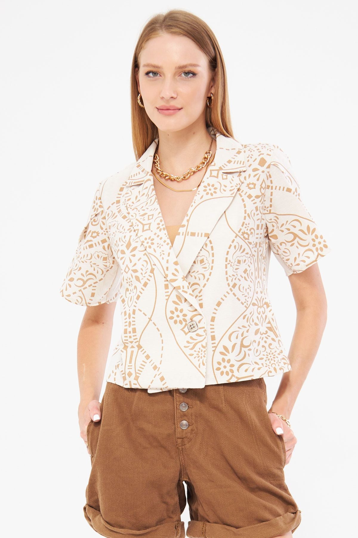 WOMEN OPEN MISSING FLY FLET-LEATED PATTERN Handle Slit Crop Short Sleeve Jacket ARM-24Y001095