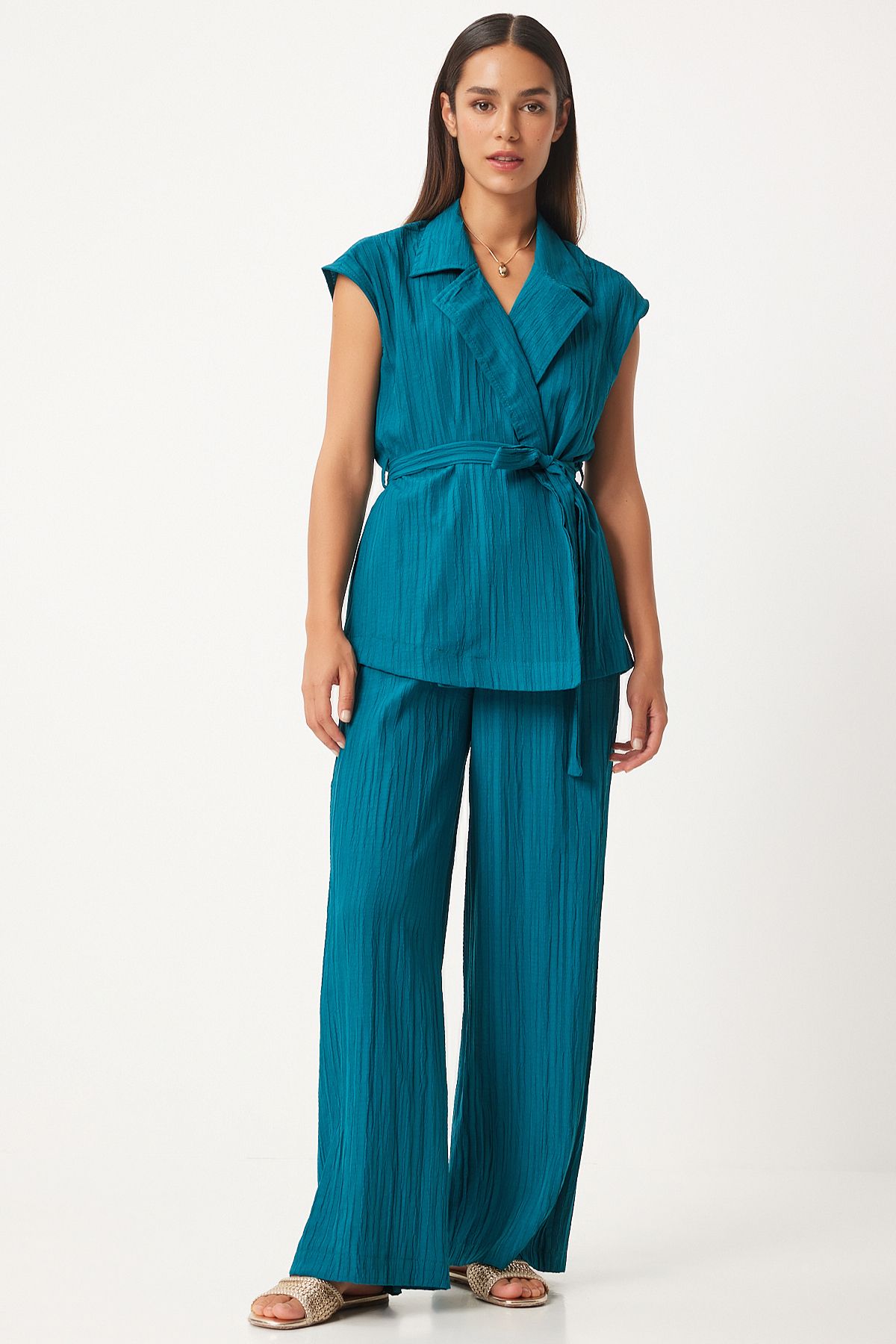 Women's oil green belt vest Palazzo knitting set By00055