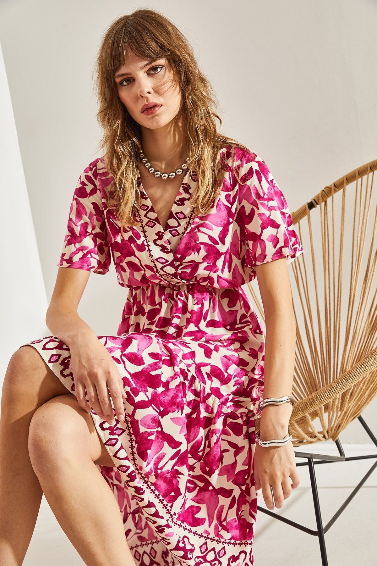 Women's Wrap Neck Waist Gathered Skirt Ruffle Detailed Dress 60251147