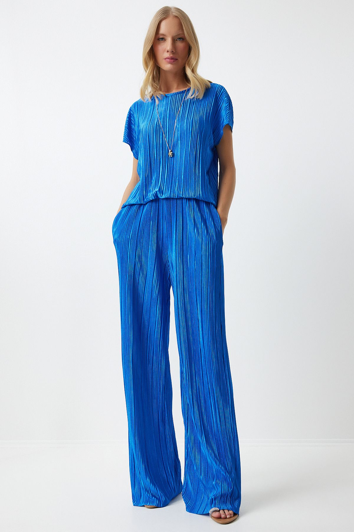Female Blue Pilica Comfortable Blouse Pants Set Mc00283