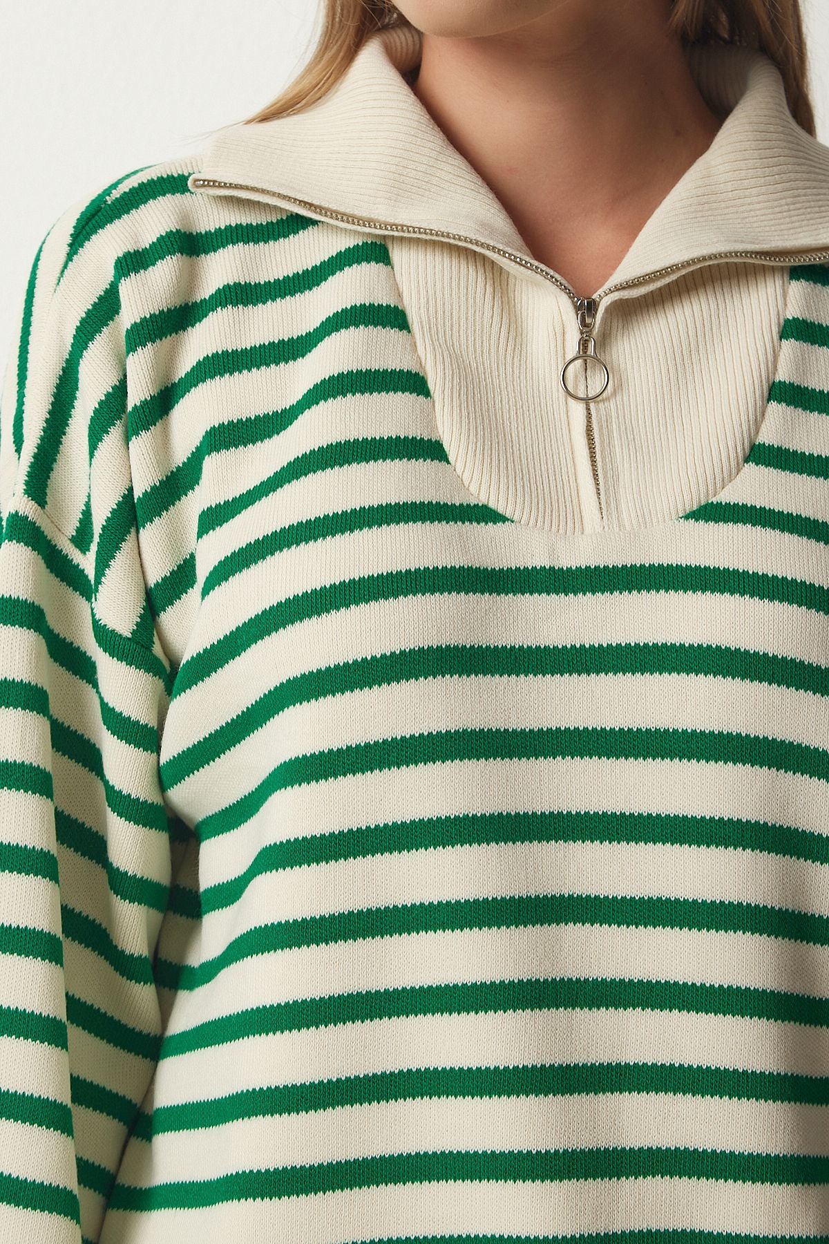 Women's Cream Green Striped Zippered Yaka Knitwear Sweater PF00039