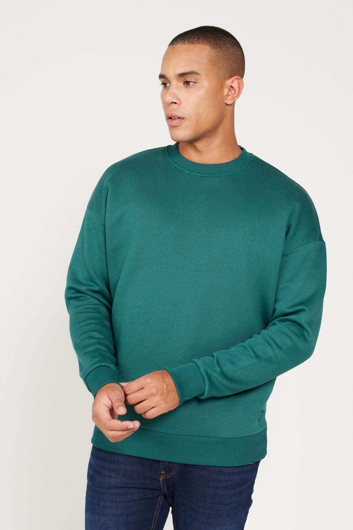 Men's Dark Green Oversizle Fit Plenty Cotton Cotton Içi Polar 3 IP Bicycle collar Sweatshirt