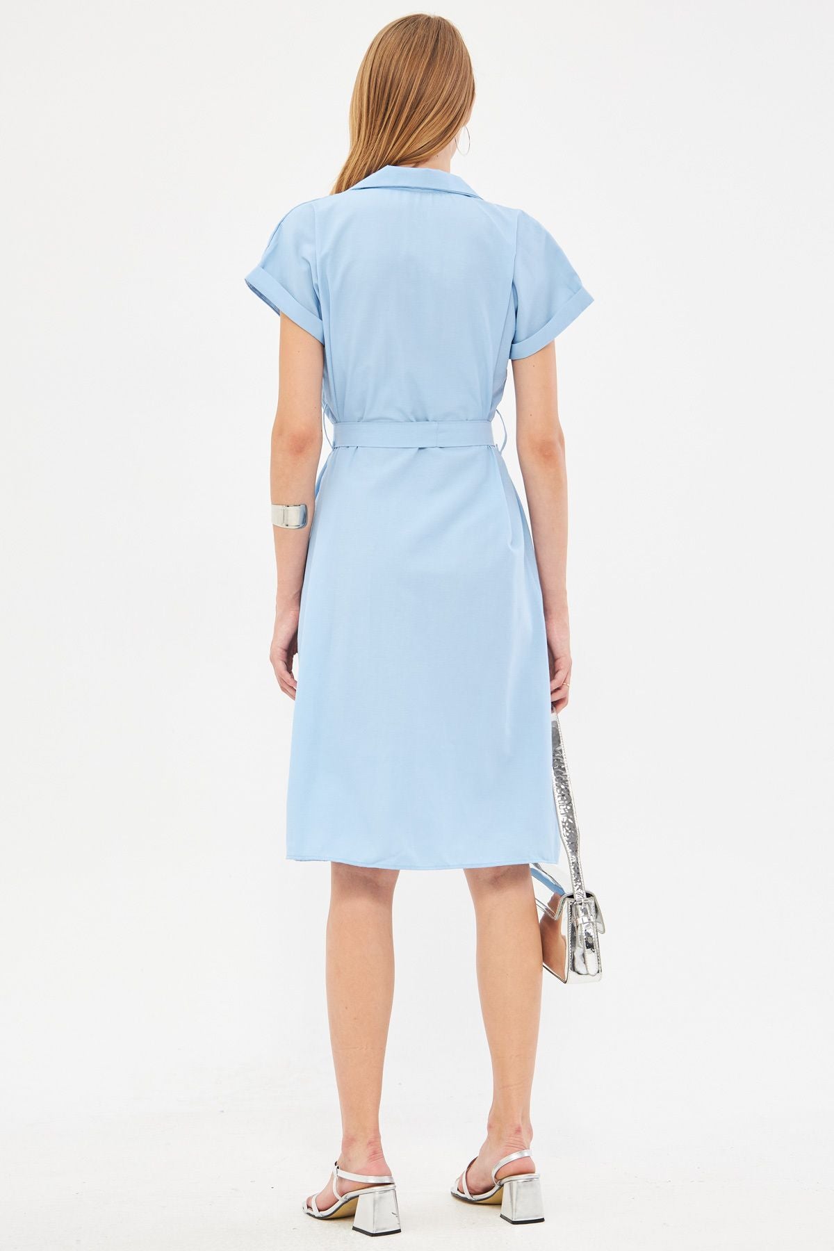 Woman Baby Blue Waist Belt Short Sleeve Shirt Dress ARM-19Y001068