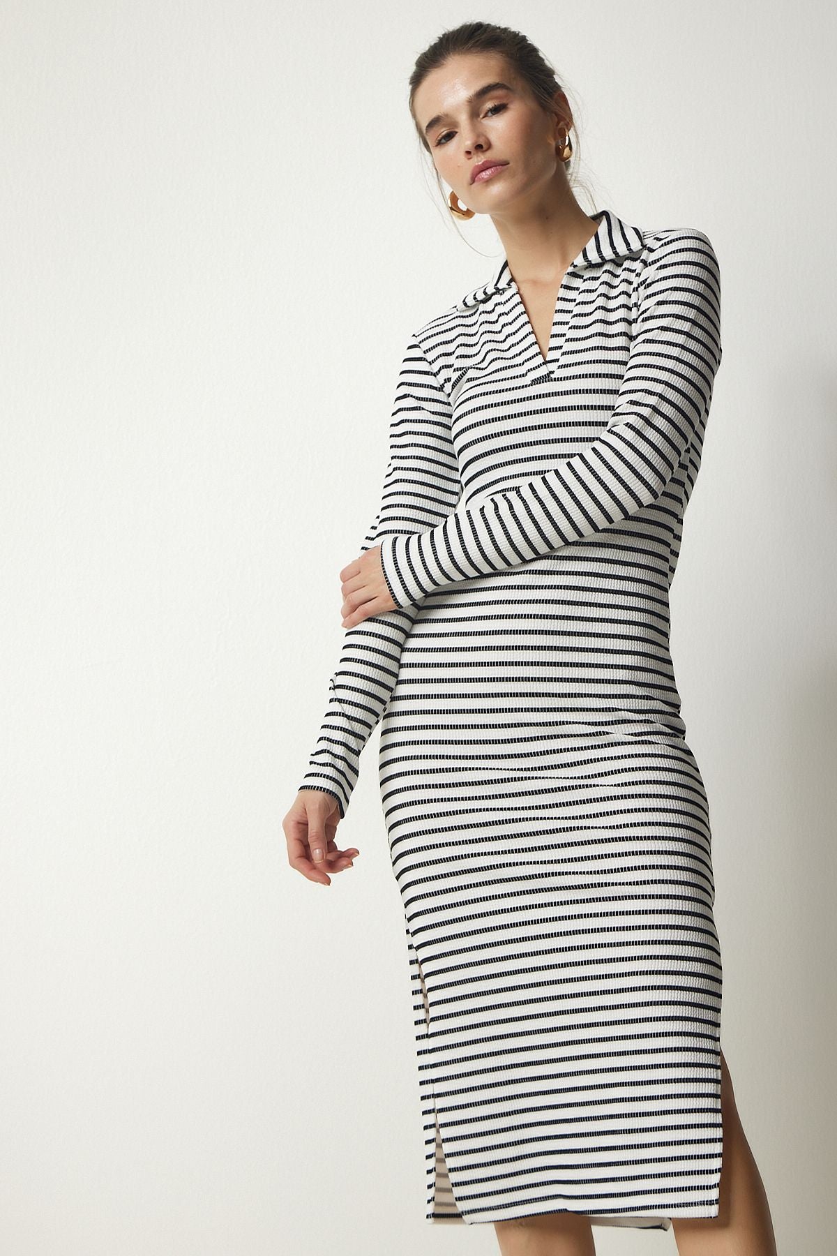 Woman White Polo Yaka striped Kashkorse Dress MC00238