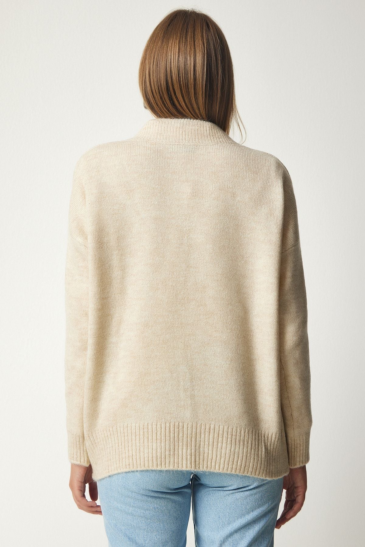 Woman Beige V Yaka Oversize Knitwear Kazakh BV00003