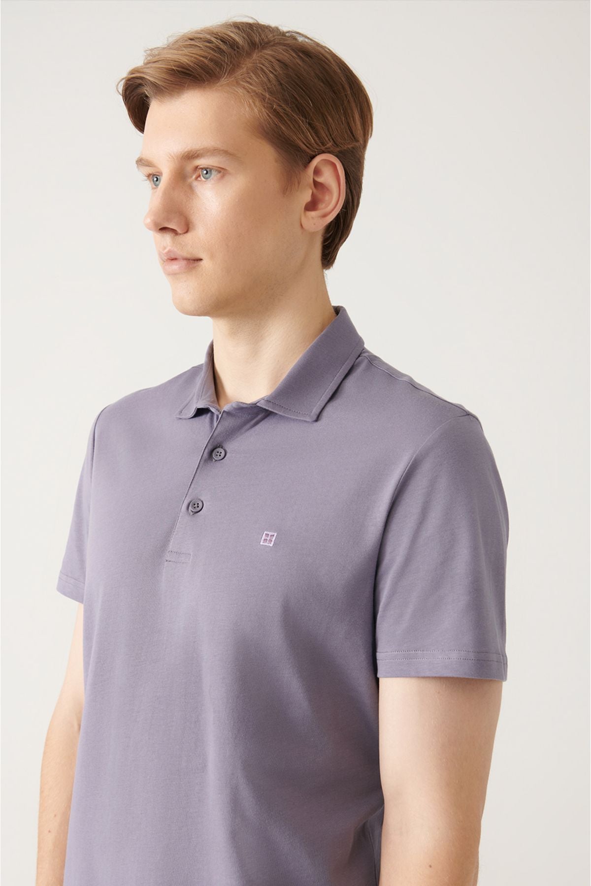 Men's lilac 100 %cotton regular fit 3 button curved Polo collar T-shirt E001035