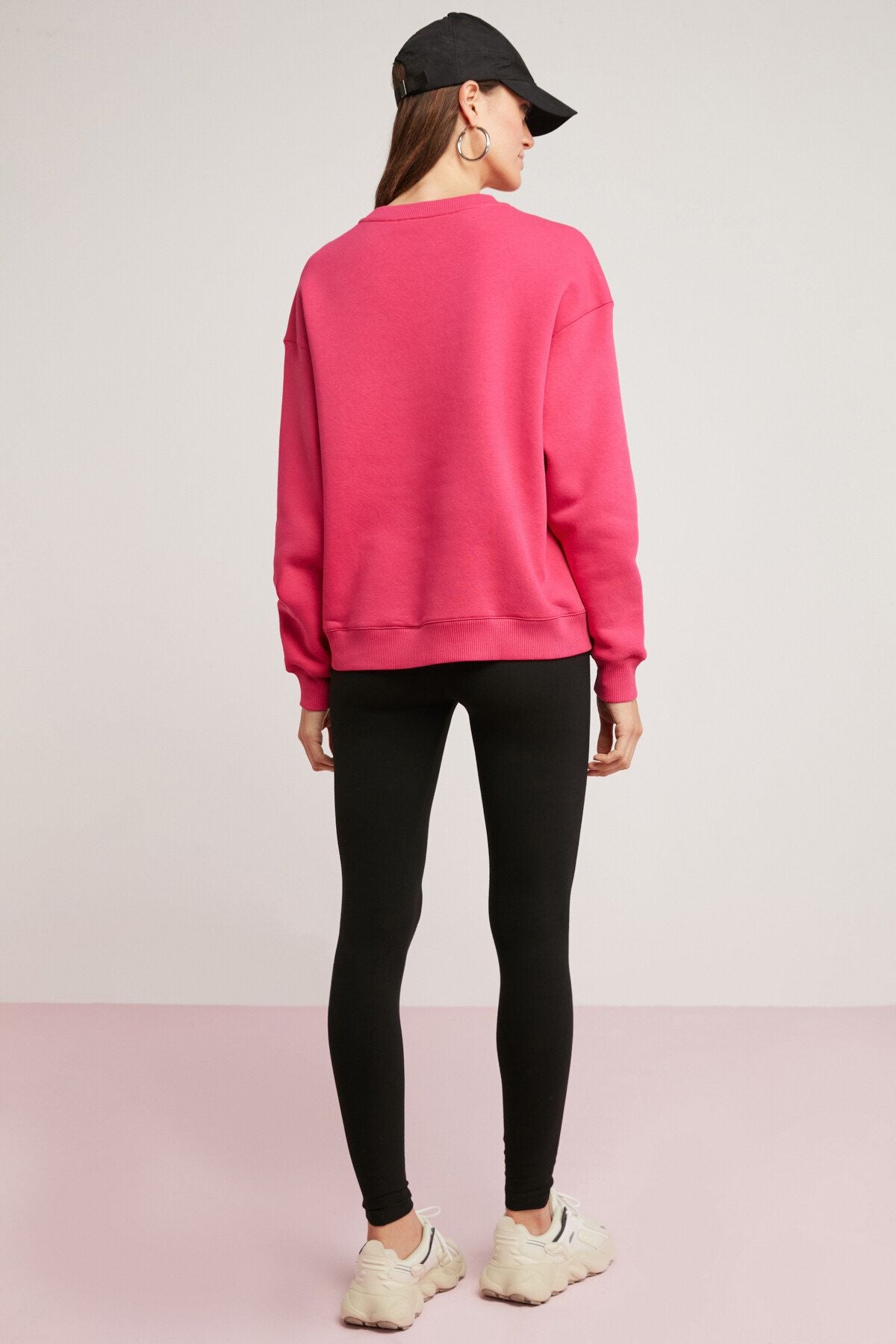 VANELTINA Kadın Bisiklet Yaka İçi Polarlı Oversize Fit Basic Pembe Sweatshirt