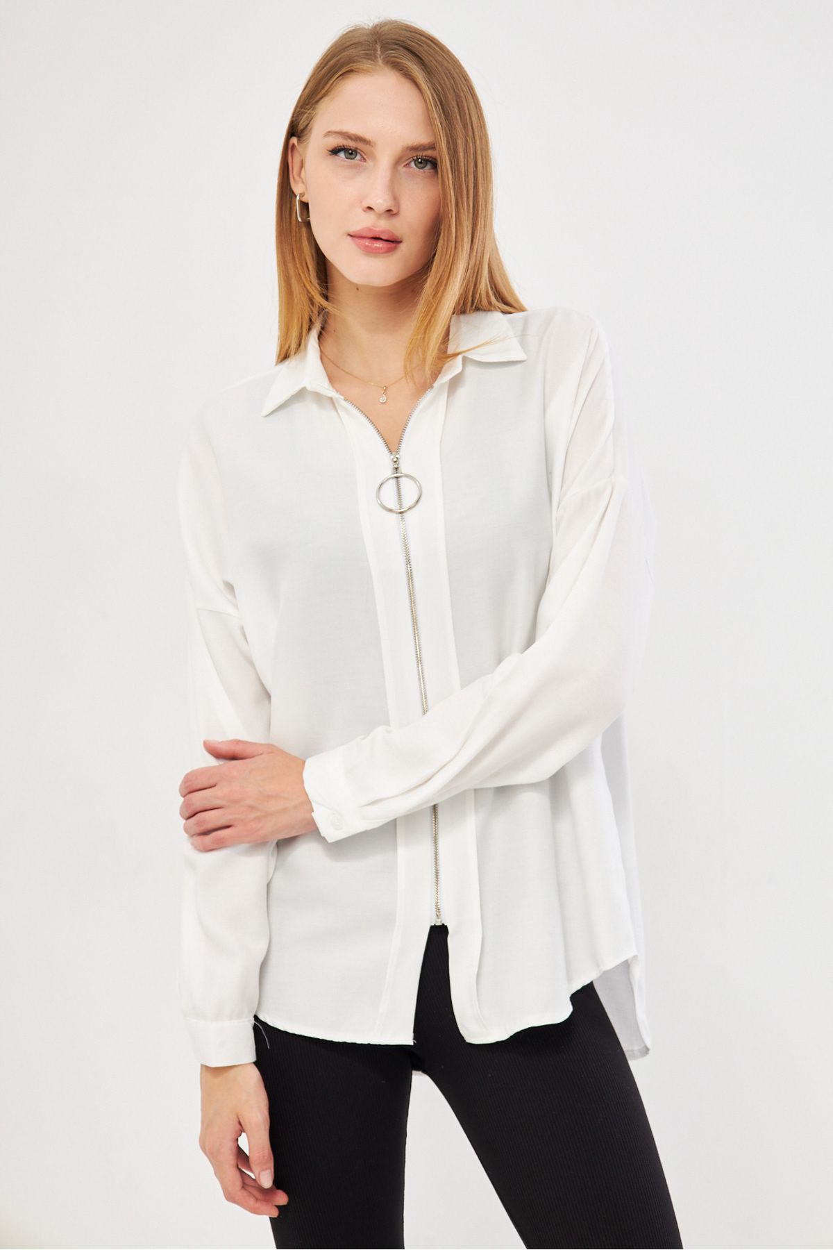 WOMEN WHITE PREVIOUS ZIPPER SALAŞ SHIRT ARM-21K024090