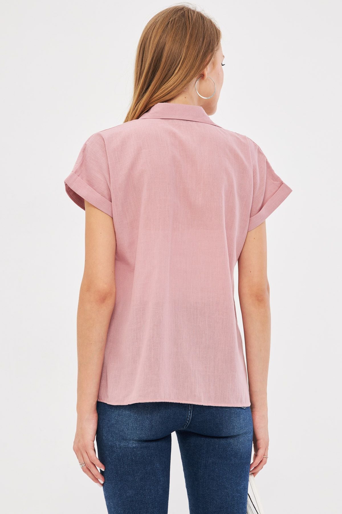Woman Pink Short Sleeve Linen Shirt ARM-24Y001038