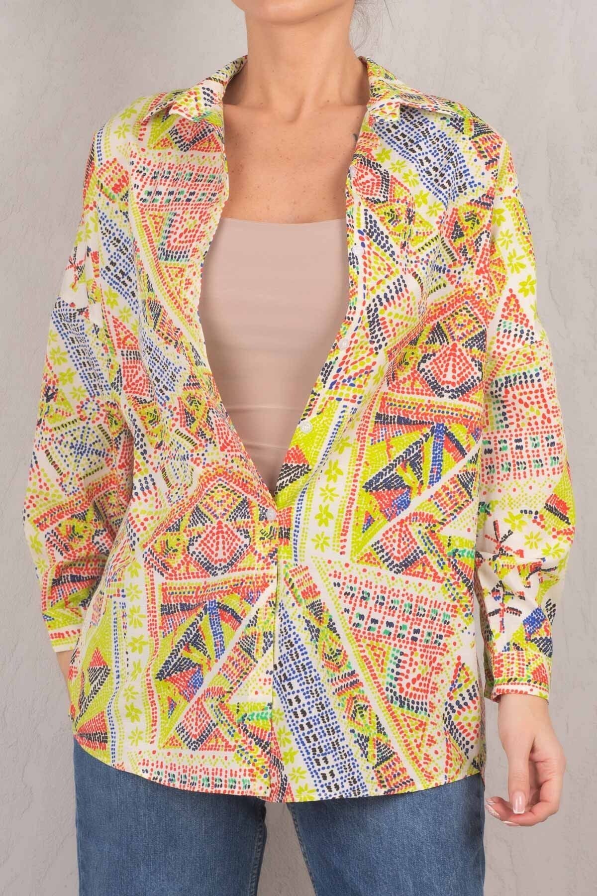 Female Peanut Green Patterned Oversize Long Basic Shirt ARM-221148