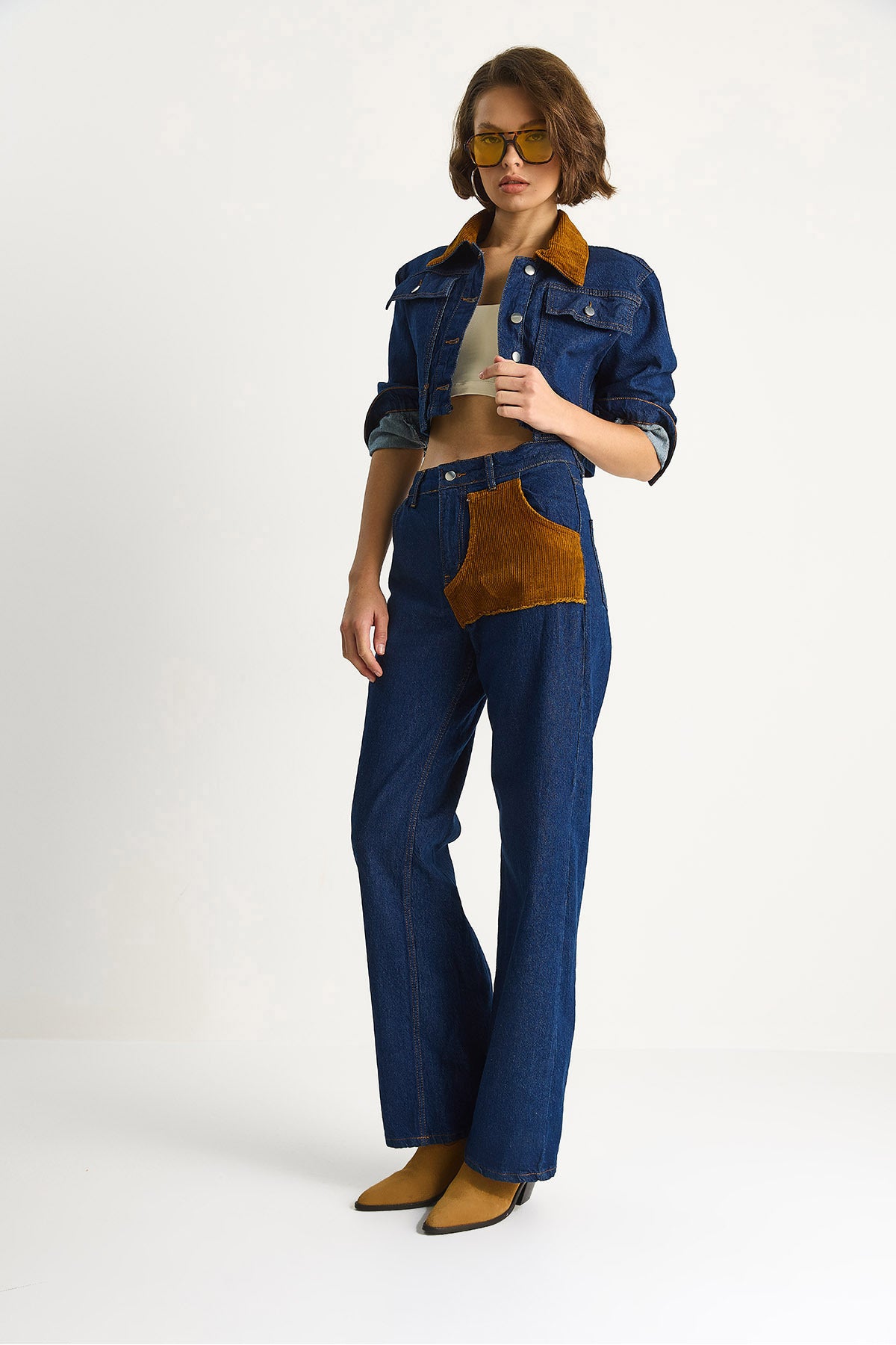 Women's Velvet Collar Jacket Color Block Wide Leg Trousers Denim Suit 6087 60283532