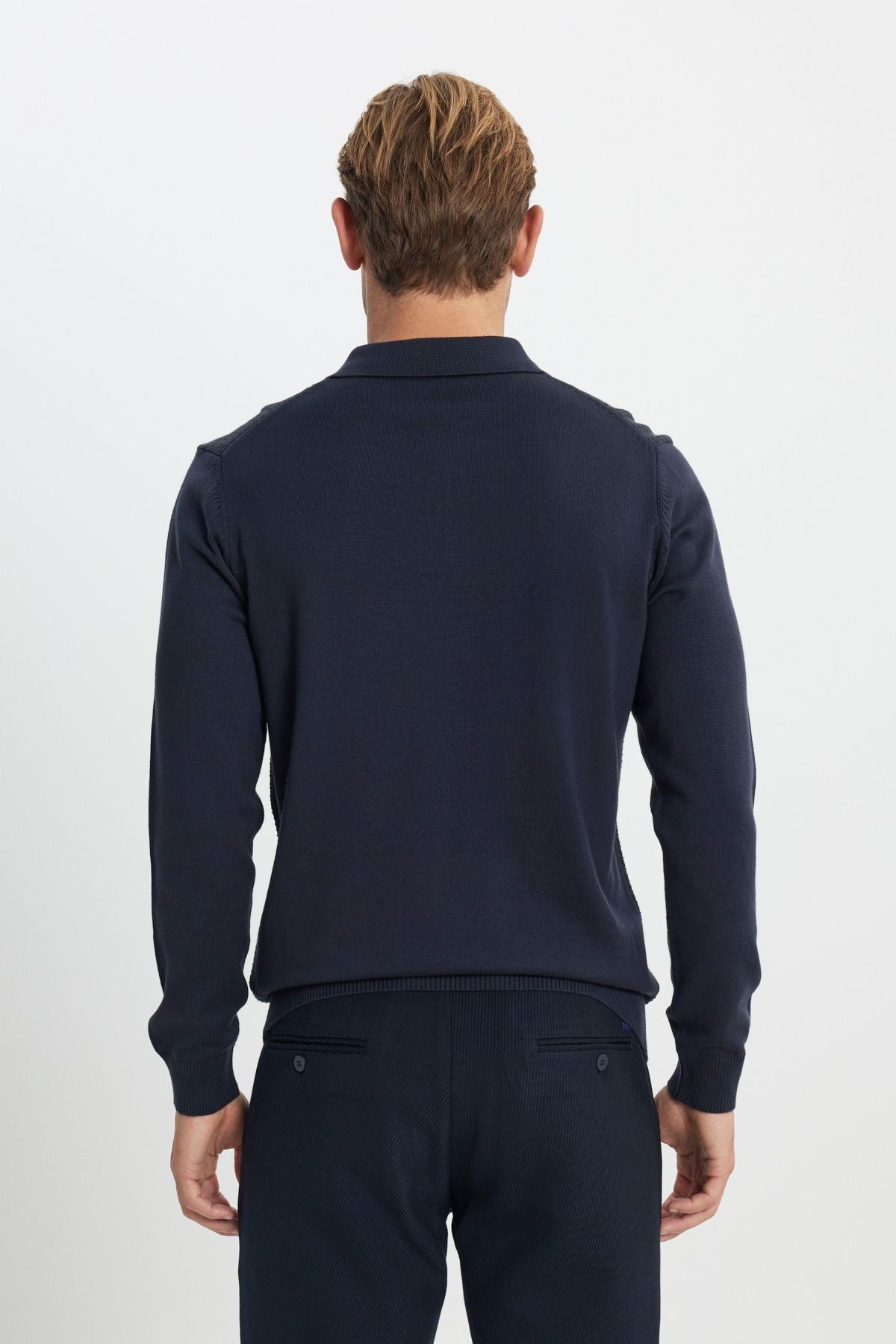 Men's Navy Blue Cotton Standard Fit Normal Cut Polico Sweater with Jacquard