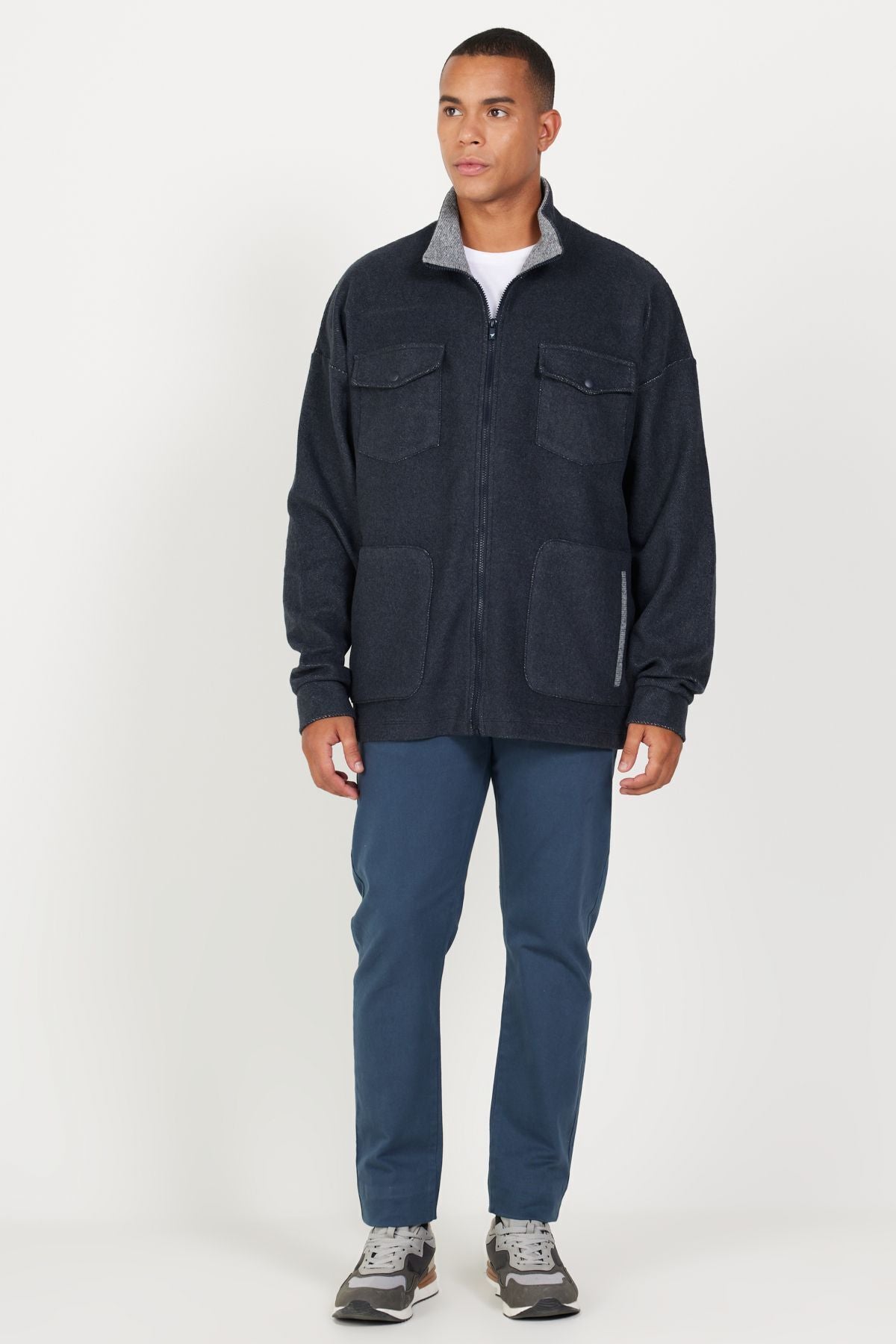 Men's Indigo Melanj Oversizle plenty of cut upright collar cotton patterned sweatshirt jacket
