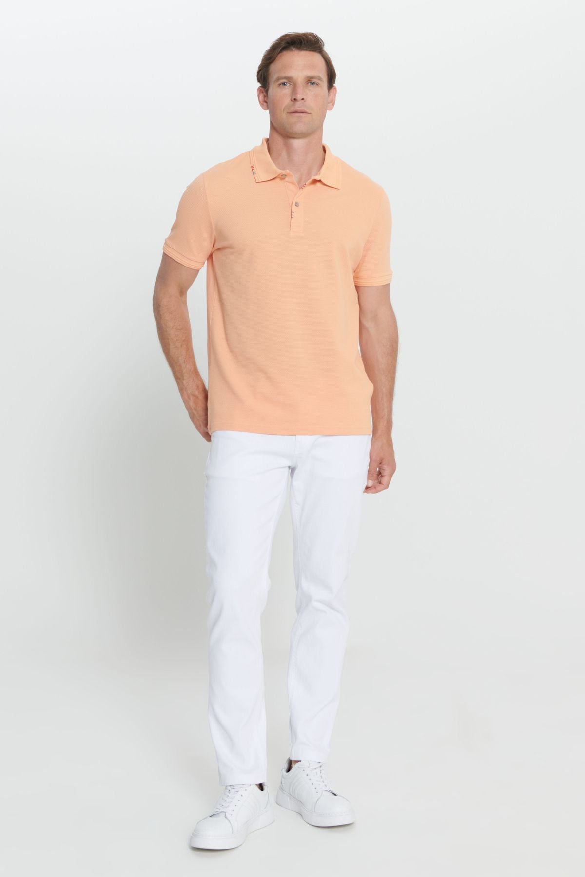 Men's open orange slim fit narrow cut polo collar printed cotton T -shirt